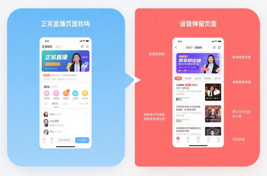 正规直播页面结构与可疑弹窗页面对比示意图